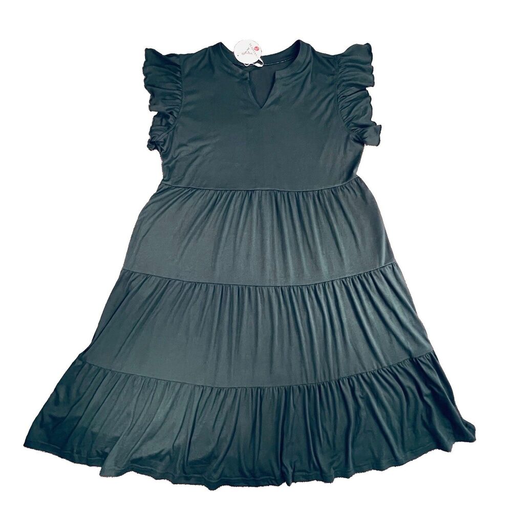 Arabess Dress XL Dark Green Tiered Ruffled Sleeve Knit NEW POCKETS Notched Vneck